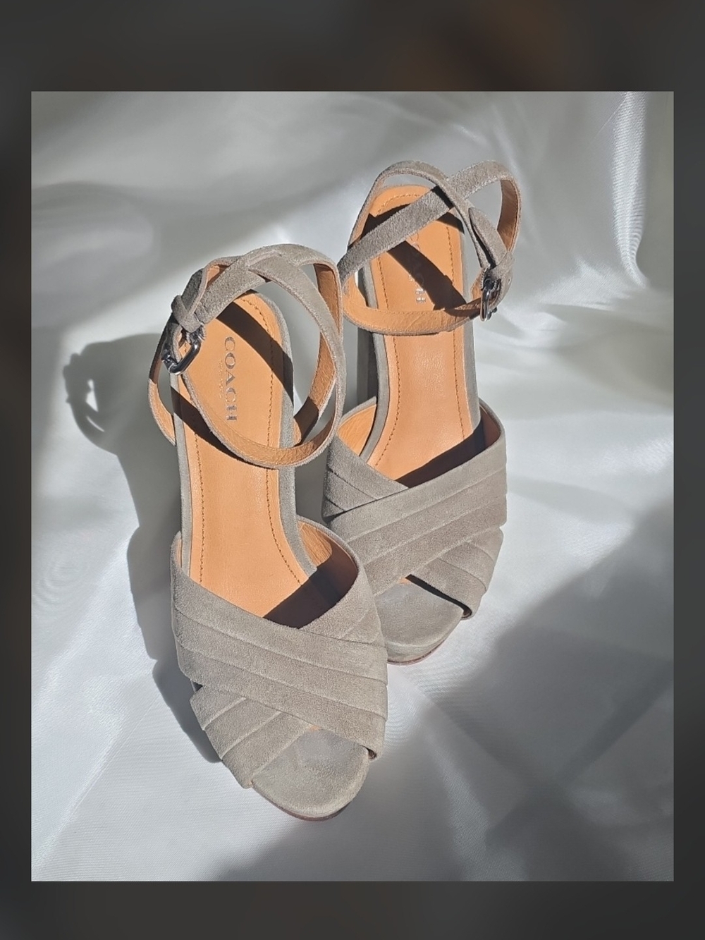 COACH Taupe Suede Crisscross Ankle-Strap Heels